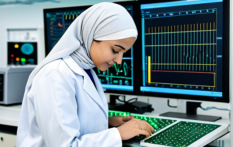 **
"A professional female engineer in a fully clothed, modest lab coat and hijab, working on a complex circuit board in a bright, modern laboratory. The background includes advanced equipment and displays showing data visualizations. Perfect anatomy, correct proportions, well-formed hands, proper finger count, natural pose, safe for work, appropriate content, professional, family-friendly, high-quality rendering."
**
