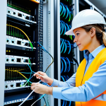 **

"A professional female engineer in a fully clothed, modest, high-visibility vest and hard hat, inspecting a complex network of fiber optic cables in a brightly lit data center. Safe for work, appropriate content, perfect anatomy, correct proportions, well-formed hands, proper finger count, natural pose, professional, family-friendly."

**
