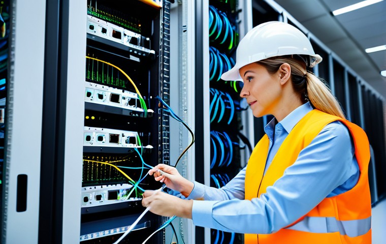 **
"A professional female engineer in a fully clothed, modest, high-visibility vest and hard hat, inspecting a complex network of fiber optic cables in a brightly lit data center. Safe for work, appropriate content, perfect anatomy, correct proportions, well-formed hands, proper finger count, natural pose, professional, family-friendly."
**