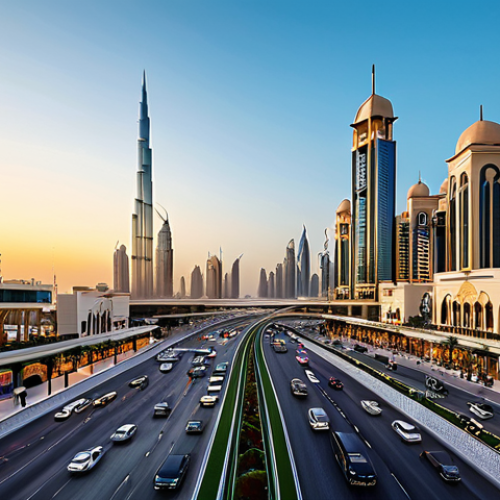 Home 7 Smart City Management**
"A bustling cityscape in Dubai at sunset, showcasing advanced traffic management systems and digital displays, fully clothed people walking on clean streets, modern architecture, professional, appropriate content, safe for work, perfect anatomy, natural proportions, modest infrastructure, professional photography, high quality."
**