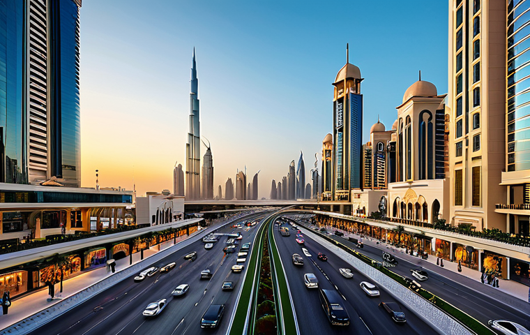 Smart City Management**
"A bustling cityscape in Dubai at sunset, showcasing advanced traffic management systems and digital displays, fully clothed people walking on clean streets, modern architecture, professional, appropriate content, safe for work, perfect anatomy, natural proportions, modest infrastructure, professional photography, high quality."
**