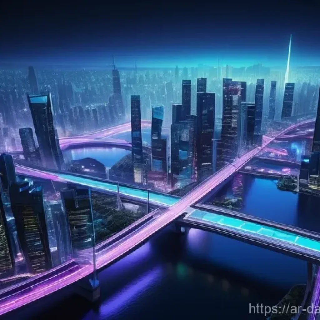 실시간 데이터 파이프라인의 통합 관리 도구 - A highly detailed, cinematic image of a futuristic, sprawling city at dusk. Luminous, vibrant stream...