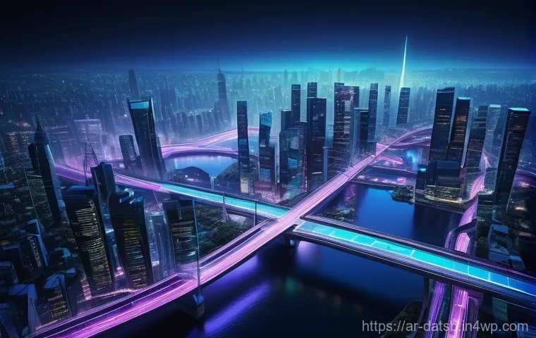 실시간 데이터 파이프라인의 통합 관리 도구 - A highly detailed, cinematic image of a futuristic, sprawling city at dusk. Luminous, vibrant stream...