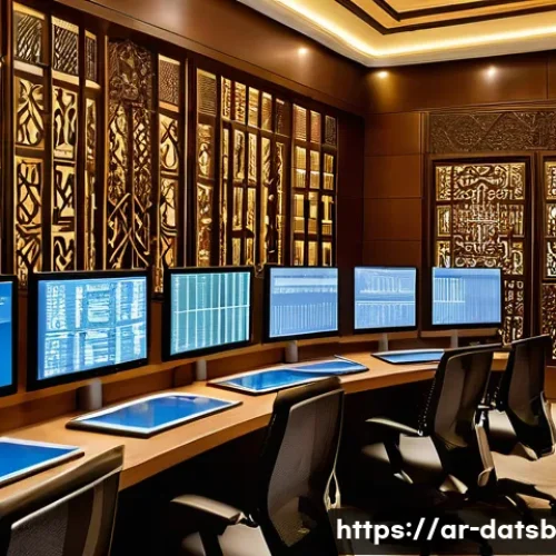 실시간 데이터 처리 파이프라인에서의 성능 측정 기준 - A sophisticated data processing control room inspired by Middle Eastern architectural elements, feat...