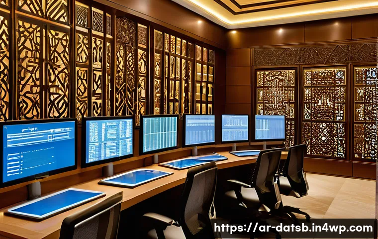 실시간 데이터 처리 파이프라인에서의 성능 측정 기준 - A sophisticated data processing control room inspired by Middle Eastern architectural elements, feat...