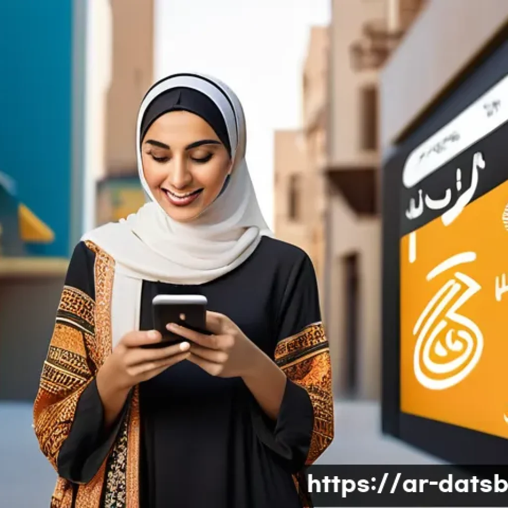 모바일 애플리케이션과 실시간 데이터 처리 통합 - A modern Middle Eastern woman using a smartphone in a stylish urban setting, surrounded by dynamic d...