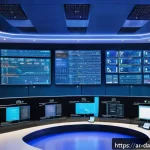 Docker와 Kubernetes를 활용한 실시간 데이터 처리 - A modern data center control room with multiple large digital screens displaying real-time container...
