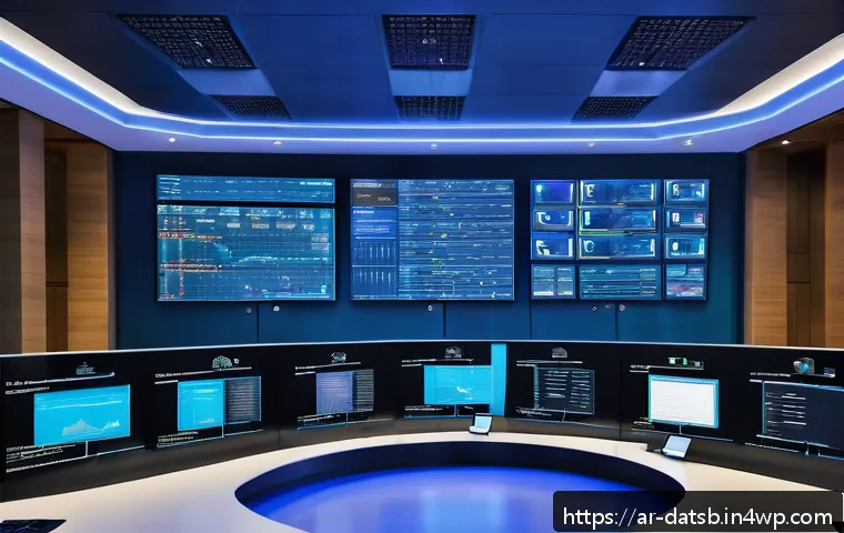 Docker와 Kubernetes를 활용한 실시간 데이터 처리 - A modern data center control room with multiple large digital screens displaying real-time container...